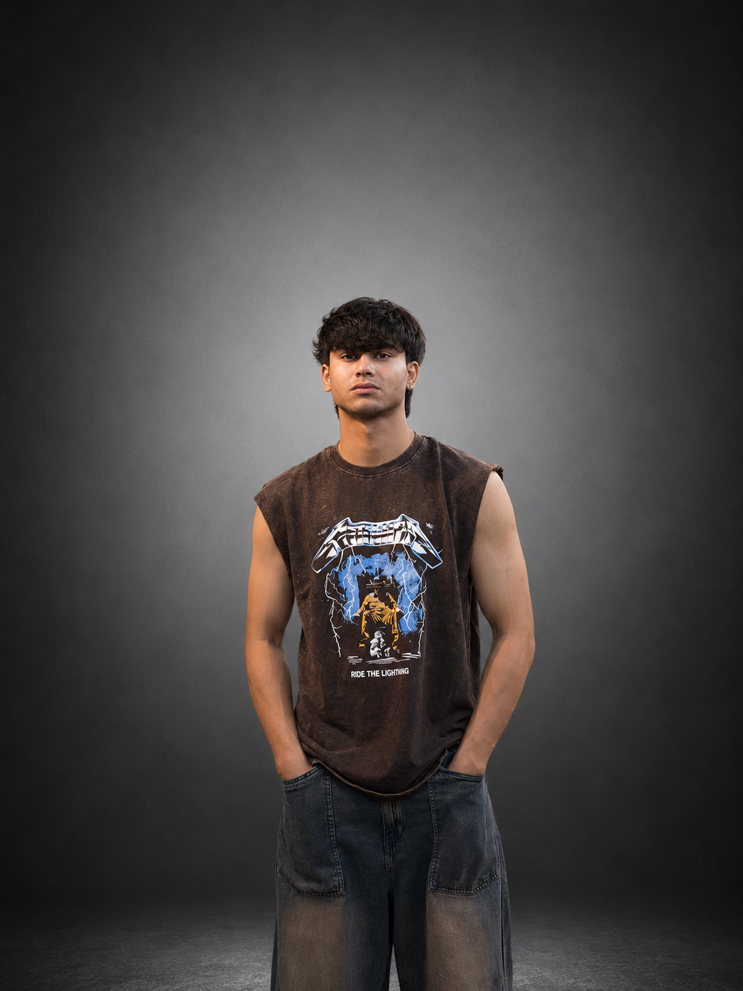 Metallica Ride the Lightning Sleeveless Acid Wash T-Shirt – Vintage Brown by Sinful Act