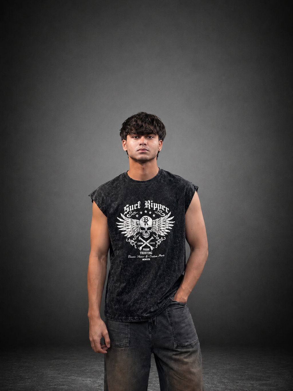 Kurt Ripper Sleeveless Acid Wash T-Shirt – Vintage Black by Sinful Act