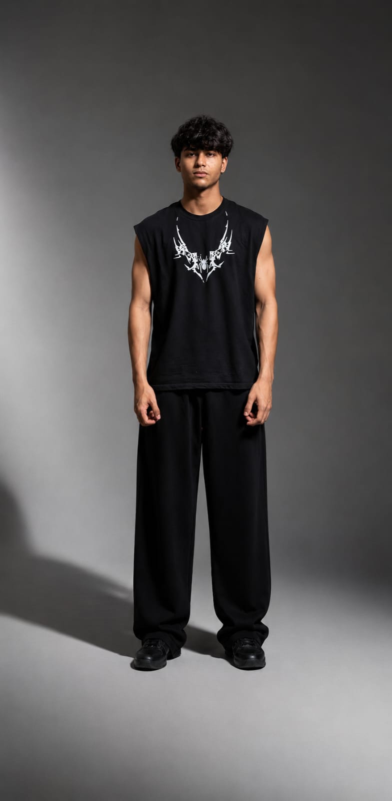 Tribal Edge Sleeveless Oversized Tee – Black